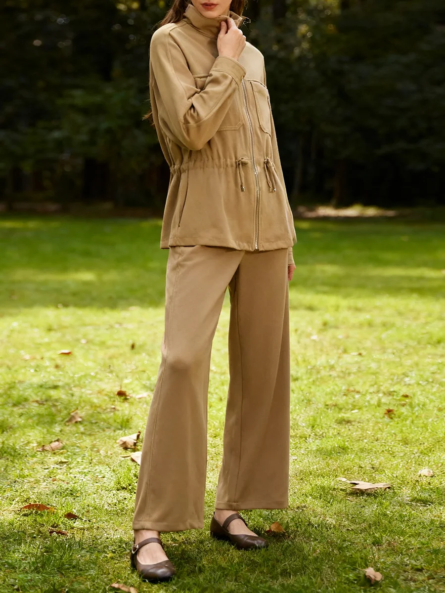 투윈스타일 여성용 투피스 세트 스탠드 칼라 긴팔 패치워크 드로스트링 재킷 하이웨이스트 스트레이트 팬츠 슈트 여성용