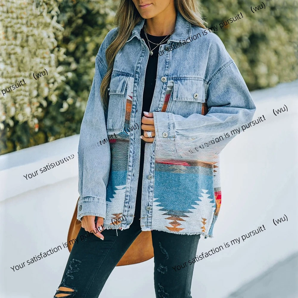 Jaket wol denim Eropa dan Amerika dengan potongan retro, tepi kasar, panjang sedang untuk wanita.