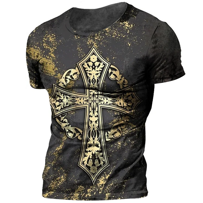 

Jesus Cross Graphic 3D Harajuku Print Vintage Fashion Men's Casual Hip Hop Street Summer Oversized Short Sleeve Crewneck T-shirt