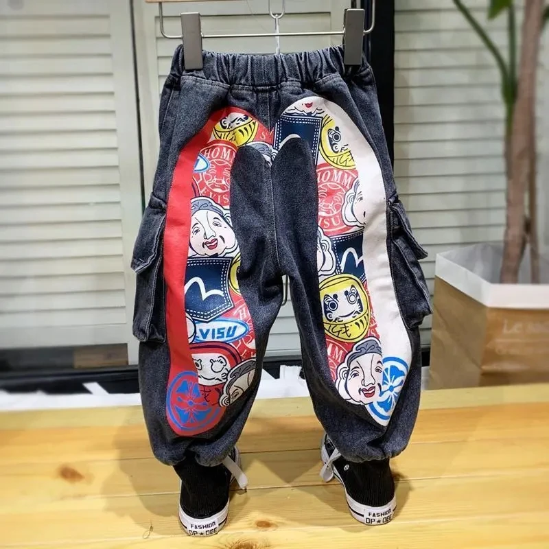 Pantaloni per ragazzi versione primavera e autunno Jeans stampati per ragazzi pantaloni per bambini per bambini abiti da lavoro larghi pantaloni