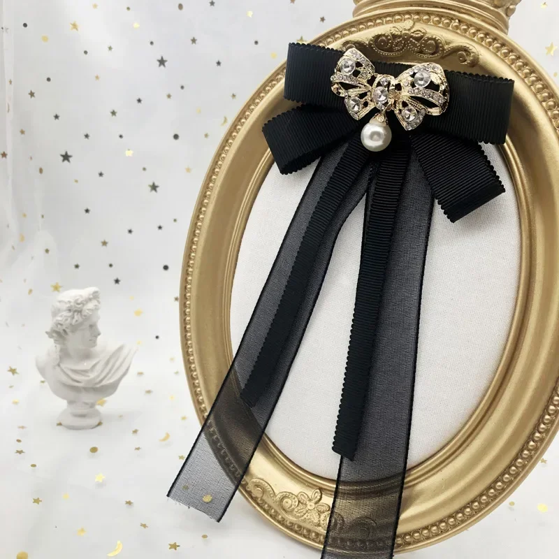 Simple Pearl Bow Tie Shirt Collar Pin Black Female Ribbon Fabric Lace Bowtie Brooch Fashion Student School Clothing Accessories