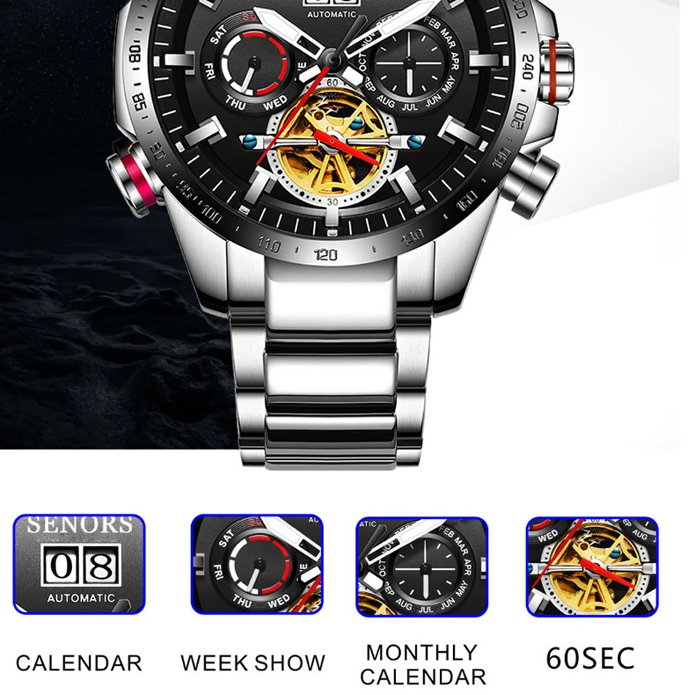 أفضل الرجال ووتش متعددة الوظائف ووتش الذكور ووتش الفاخرة توربيون الهاتفي 3Bar للماء الساعات الميكانيكية التلقائية #6