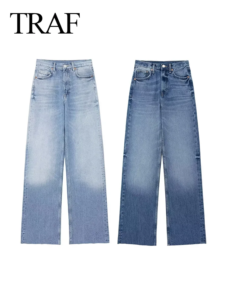 

TRAF 2024 Women's Fashion New Vintage Casual Loose Jeans Denim Long Pant Wild Loose Zipper Leg Slacks Mid Waist Pocket Trousers