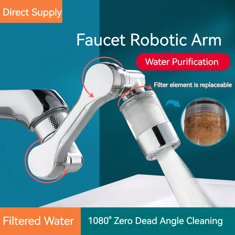 1080 °   Obrotowy filtr do oczyszczania wody Plastikowy kran Mechaniczne ramię Głowica natryskowa Kuchnia Umywalka Przedłużka Aerator Uniwers
