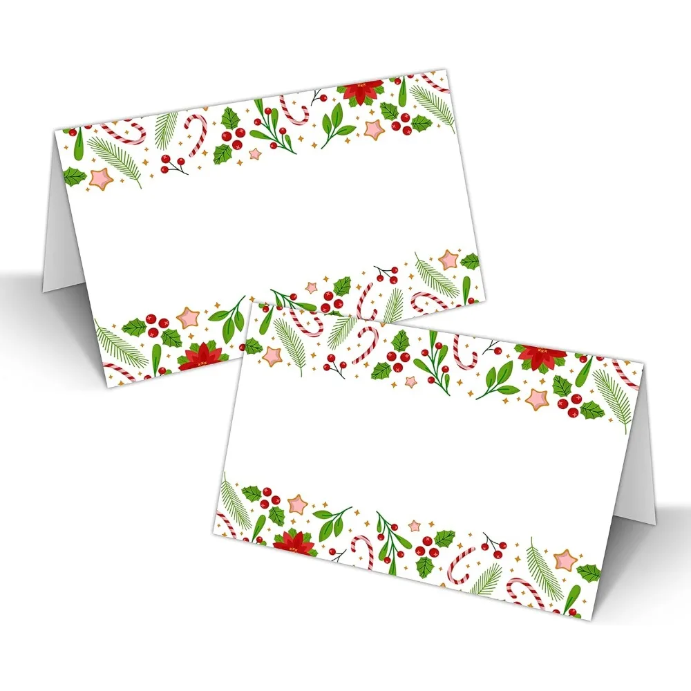 Christmas Table Place Cards, Xmas Blank Seating Place Card for Table, 25 Pack Buffet Food Tent Labels, Double Design Name Cards,
