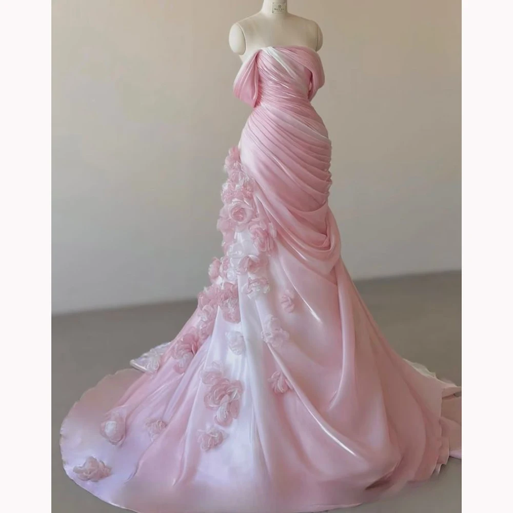 

Customized Women Dress Gradual Pink Gradient Formal Dress with Roses Strapless Sleeveless Elegant Chic Evening Party Gown