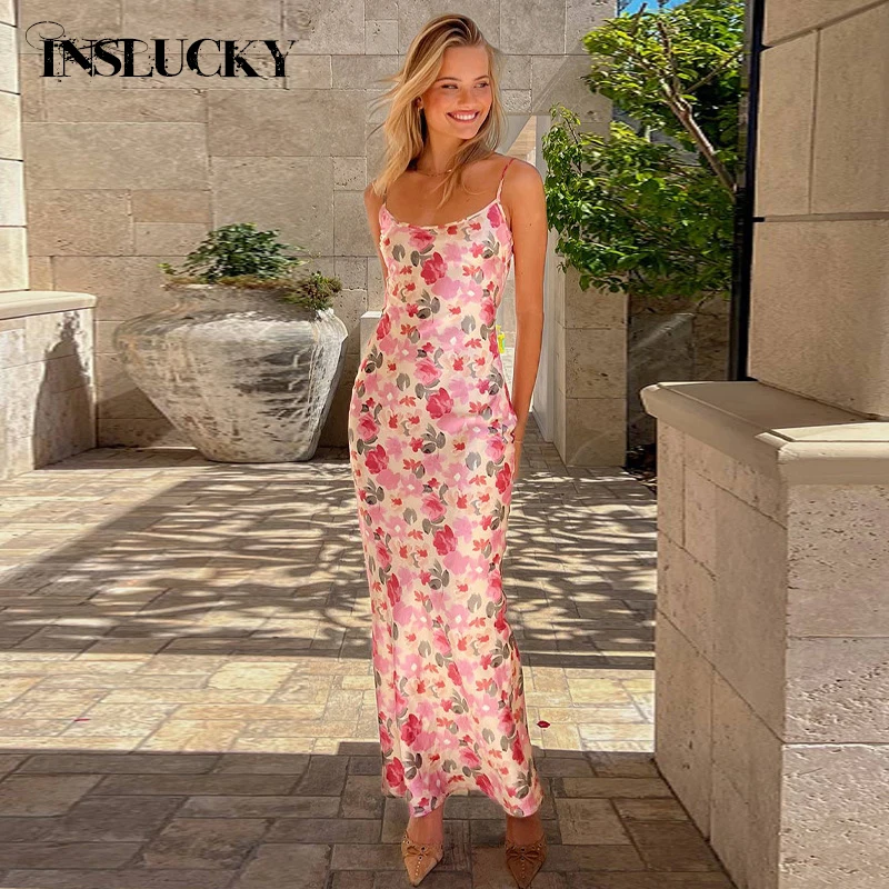 InsLucky-Robe longue à bretelles trapèze pour femme, tenue de plage, de soirée, imprimée de fleurs, en fibre mince, élégante, de bureau, à la mode, été