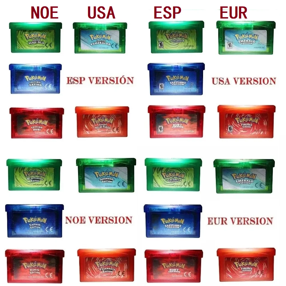 

GBA Game Cartridges, Pokémon Emerald, Sapphire, Red, FireRed, LeafGreen Video Game Cartridges NDE, ESP, USA, EUR Versions