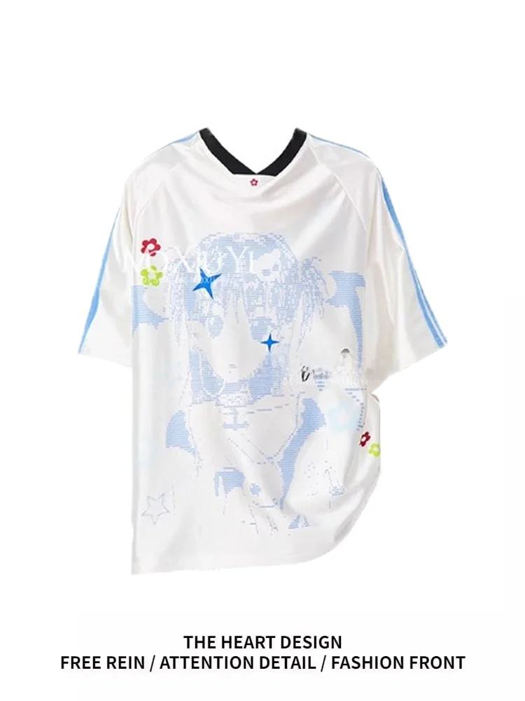 

Retro American Cartoon Girl's T-irt ort Sve V-Ne Casual Loose Splice Summer New Sle Women's Top Polyester Fiber