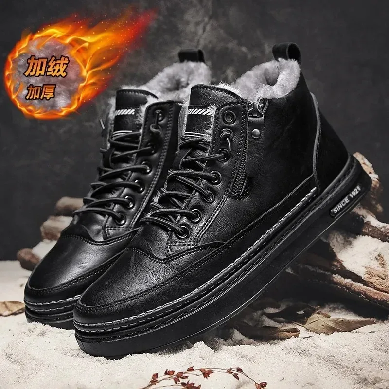 

Men's Leather Boots Fashion Waterproof Snow Boots Outdoors Warm Fur Ankle Boots Lace Up Casual Shoes for Men Work Shoes Zapatos