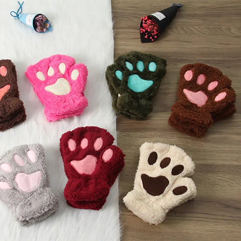 1 Pair Kawaii Cartoon Kids Boy Girl Glove Sweet Animal Cat Paw Half-finger Glove for Children Autumn Winter Warm Thicken Glove