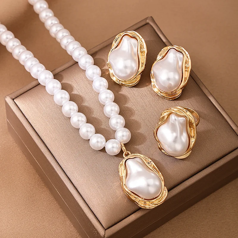 XIALUOKE Vintage Metal Geometric Baroque Pearl Stud Earrings Ring Necklace Women\'s European American Style Party Jewelry Set