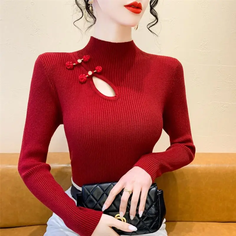 

New Chinese Style Hollow Out Knitted Sweater Button Half High Collar Thin Women's Base Shirt