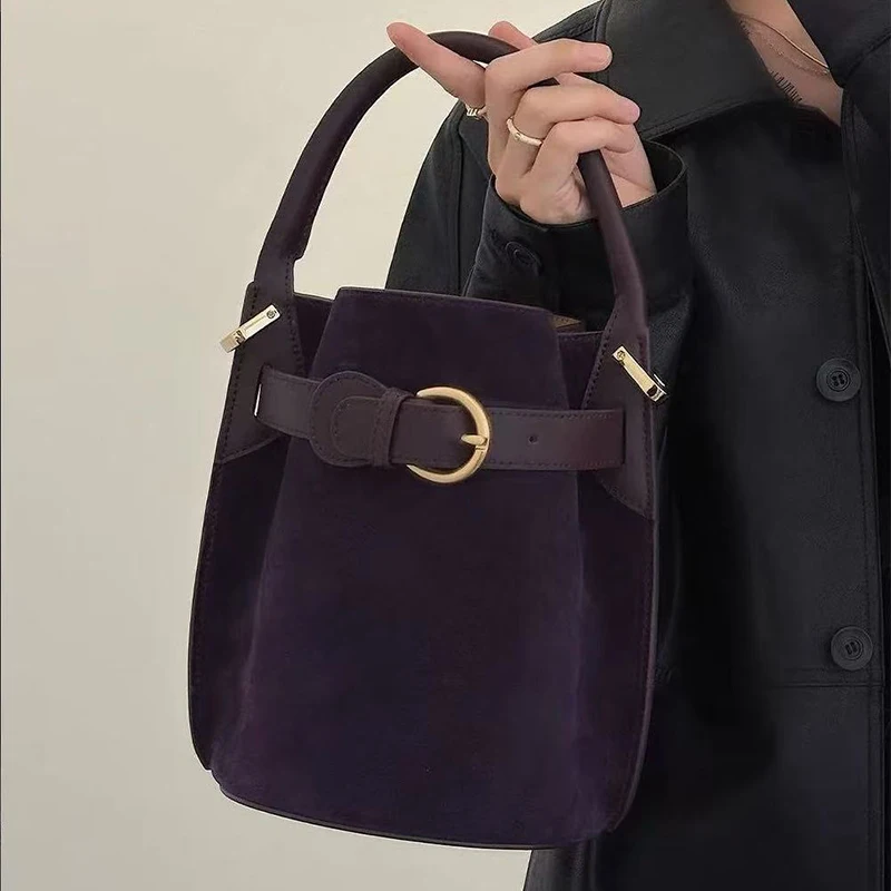 

Purple Suede Luxury Handbag Belt Design Niche High-end Bucket Bag New Brand Fashion Versatile Shoulder Crossbody Purse For Women