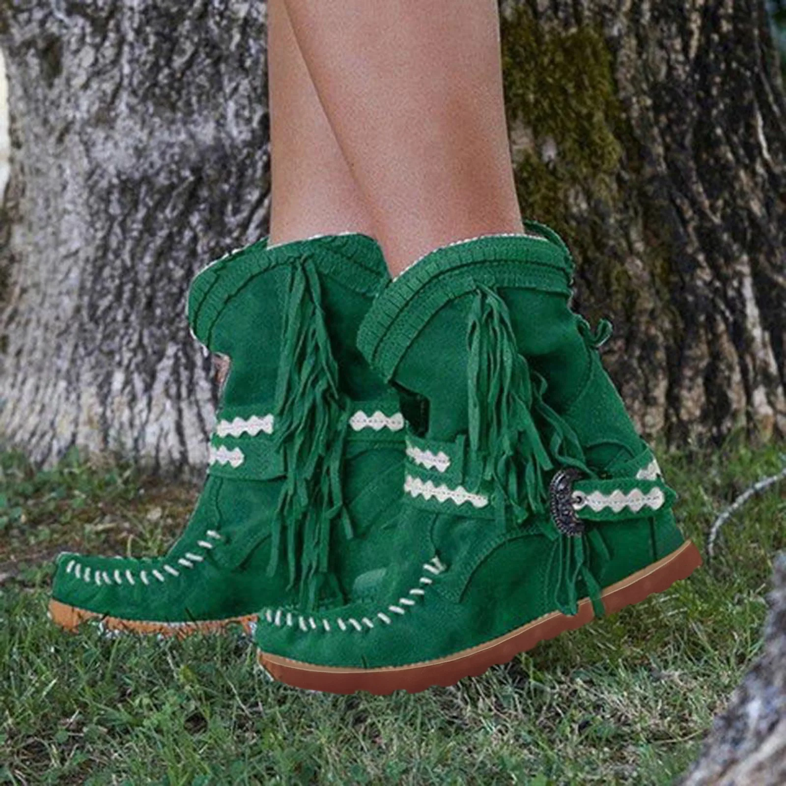 Fashion Women Boots Fringe Round Toe Flats Western Cowboy Boots Flat Heel Bohemia Style Fashion Personality Comfy Ladies Boots