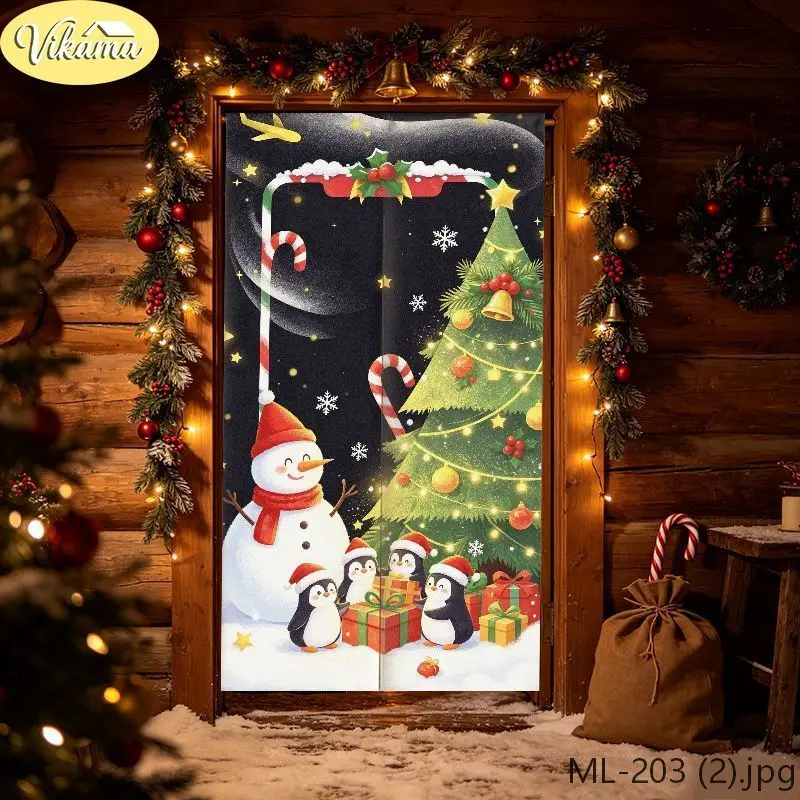 VIKAMA Cartoon Winter Christmas Hanging Door Curtain Christmas Tree Fabric Privacy Screen Festive Wall Decor Hanging Cozy