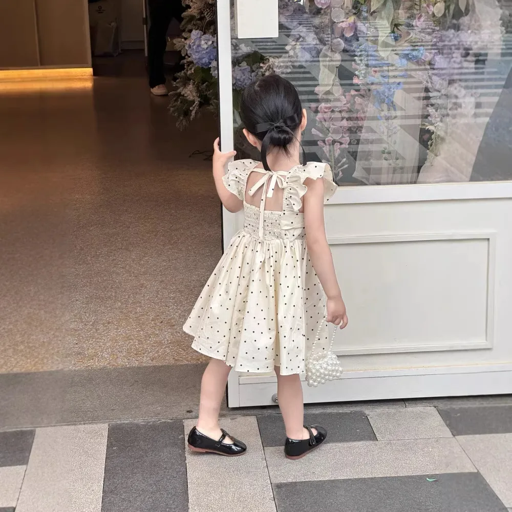 

Girls' New Summer White Polka Dot Little Fly Sleeve Backless Hugging Dress Princess Fashion and Cute Kids Dress