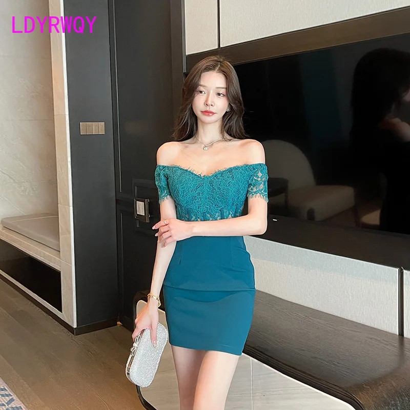 Lace patchwork V-neck strapless dress, night scene sexy hollow waist bag, hip skirt, temperament backless short skirt