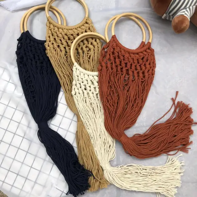 Bolso de mano largo hecho a mano con borlas, de ganchillo con cuerda hueca, tejido, estilo bohemio, de malla para playa, para mujer, tipo tote, NUEVO