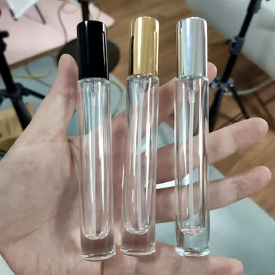 10 teile/los 10 ml Transparent Glas parfüm Spray Flasche Probe Glas Fläschchen Tragbare Mini Parfüm Zerstäuber Gold Silber Kappe