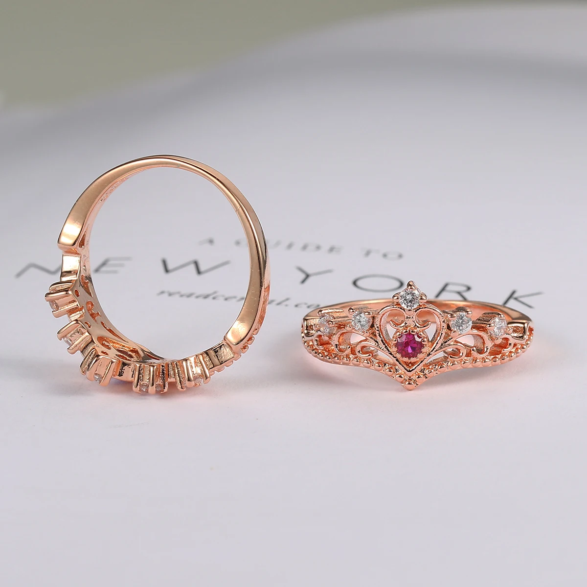 ZHOUYANG Rings For Women Luxury Hollow Out Princess Crown Blue Purple Red Zircon Rose Gold Color Fashion Jewelry KBR212