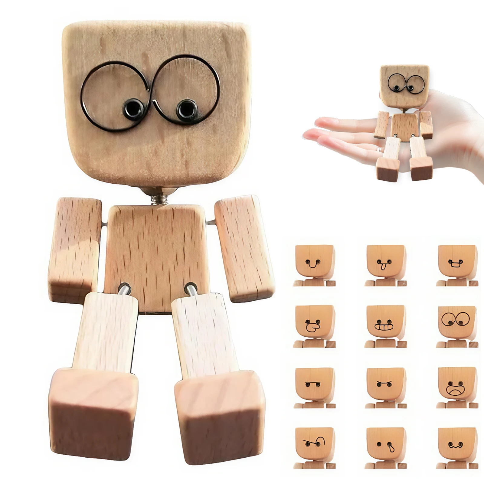 

Cute Car Shaking Wood Ornaments Wooden Man Figurine Car Interior with 12 Magnetic Expressions Handmade Wiggle Ornament Gift