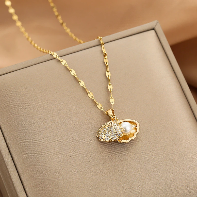 Summer Fashion Crystal Zircon Shell Imitation Pearl Pendant Necklace For Women  Collar Beach Neck Jewelry