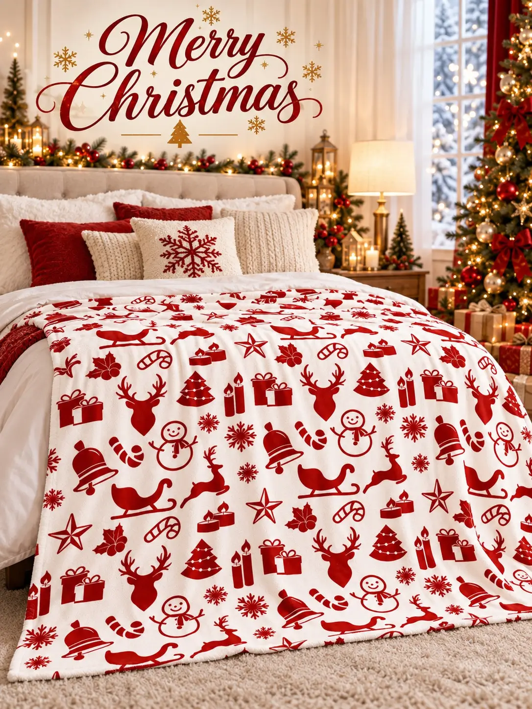 Christmas Flannel Blankets & Throws Reindeer Sleigh Bell Snowman Icons Sofa Bed Couch Nap Home Decor Living Room Bedroom Guestroom Dorm Travel Camping Reading Office Lounge Picnic Family Friends Gift Housewarming Birthday Anniversary Holiday Season