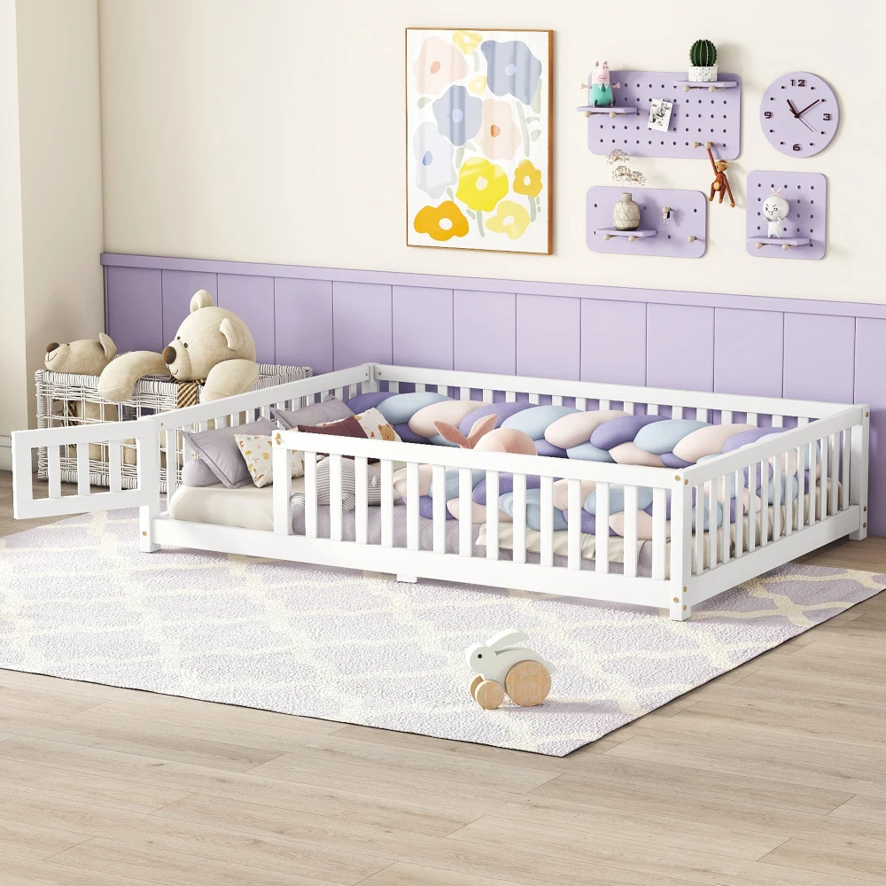 

Full Size Bed Floor Bed with Safety Guardrails and Door for Kids, White