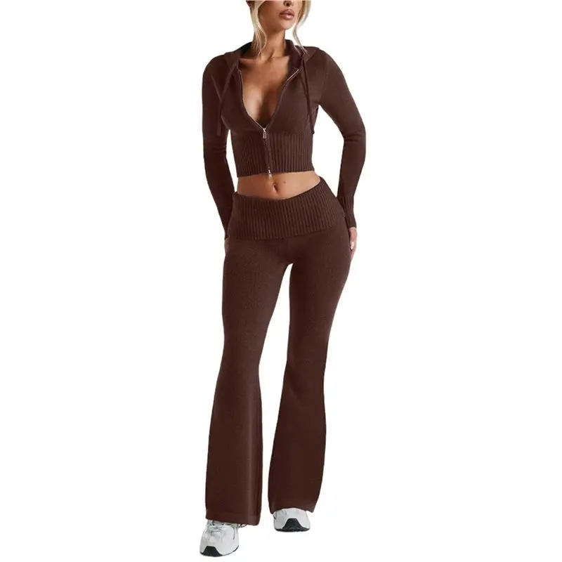 

CYL-Женские трикотажные комплекты из 2 предметов, укороченная толстовка с капюшоном на молнии, расклешенные брюки