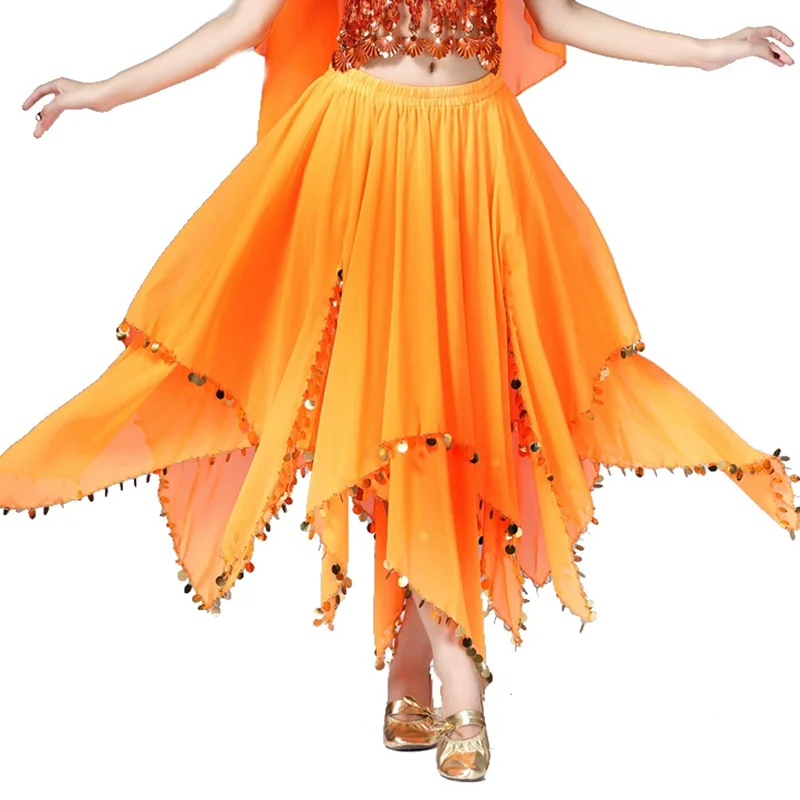 Women Dance Wear Indian Dance Carnival Skirts Belly Dance Petal Skirt with Sequin Trim Gold Coins Classic Chiffon Skirt
