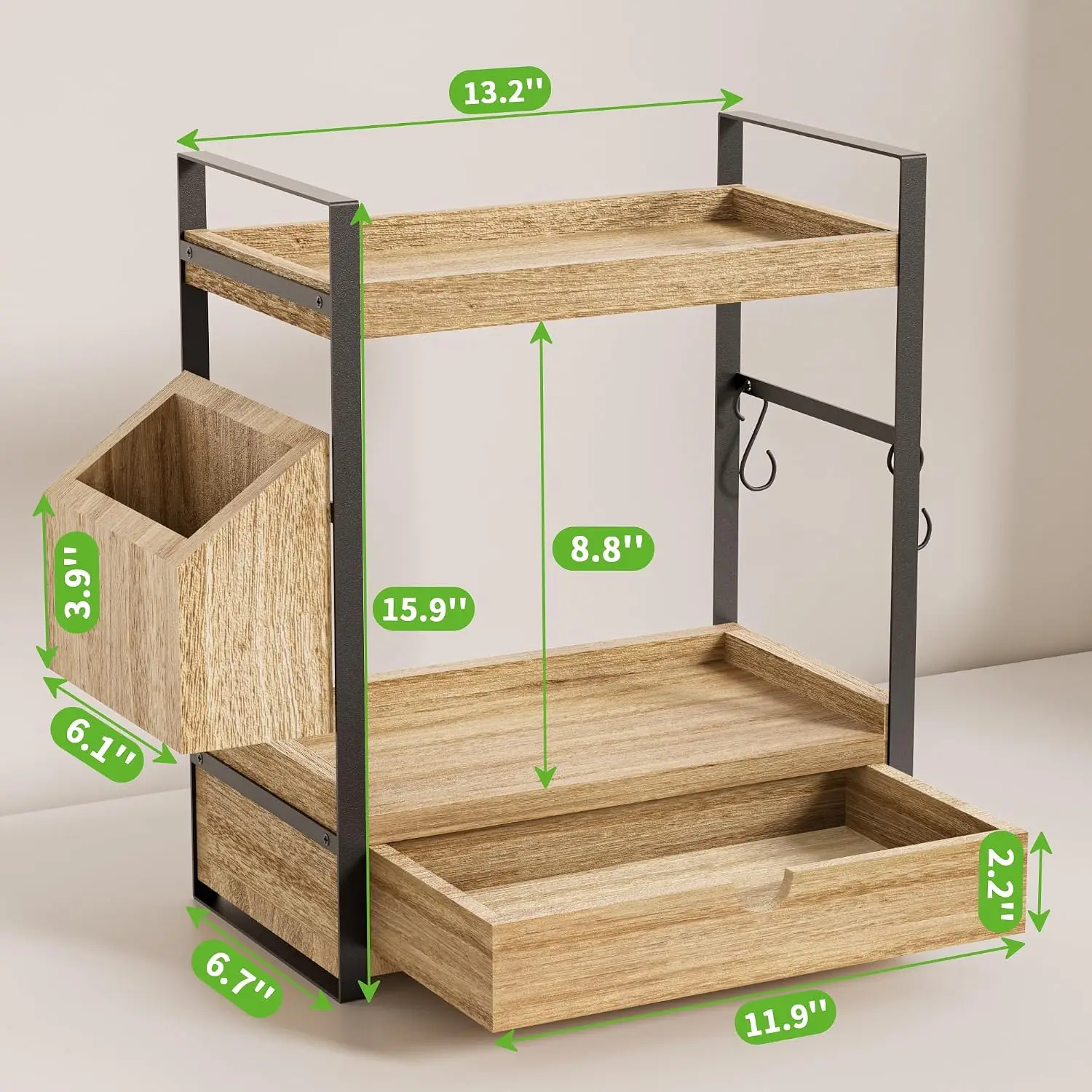 2-Tier Wooden Bathroom Counter Organizer with Drawer & Basket – Perfect Vanity & Desk Storage Shelf