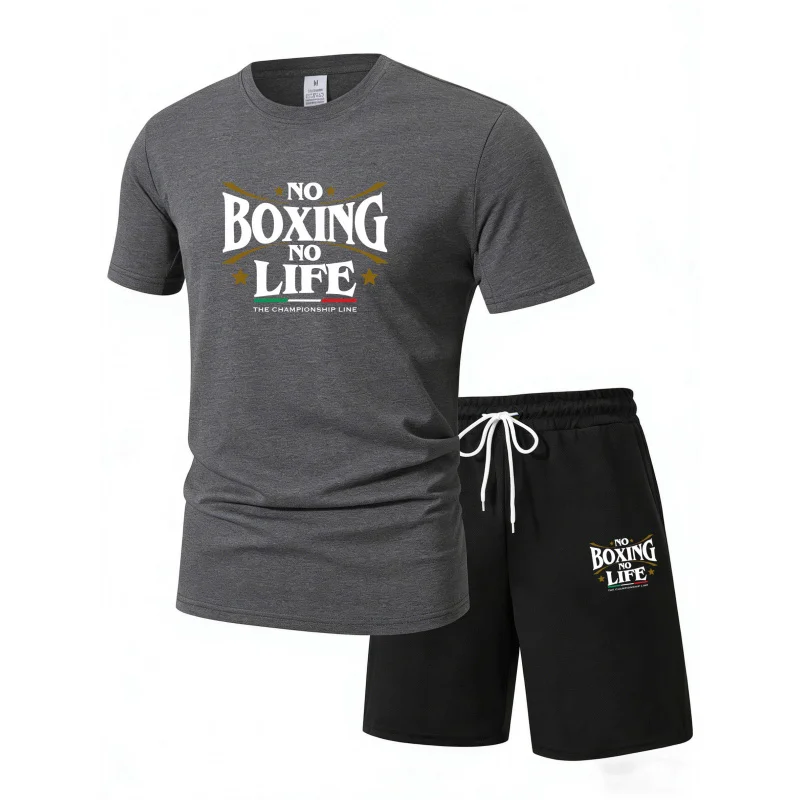 No Boxing No Life Gym Vintage bedrucktes T-Shirt, kurze Hose, klassischer Sportbekleidungsanzug für Männer und Frauen