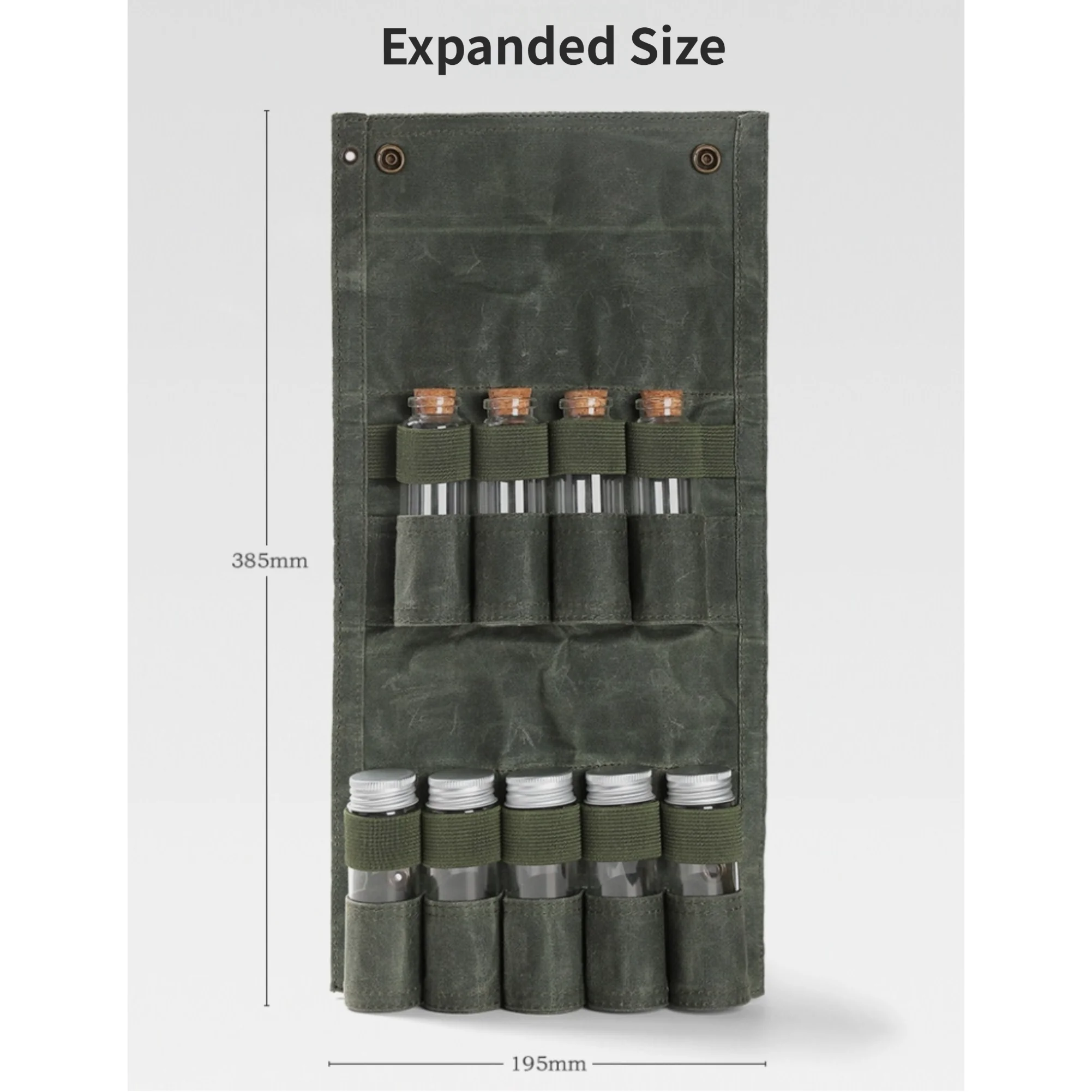 Camping Cooking Organizer - キャンプ用スパイス収納バッグ、9本のガラス瓶付き、アウトドア料理、BBQ、ピクニックに最適、軽量ワックスキャンバス製オーガナイザー、19.5x6x10.5cm