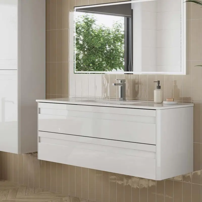 خزانة زينة فردية مقاس 48 بوصة، ودرجين، باللون الأبيض مع حوض أونيكس #1