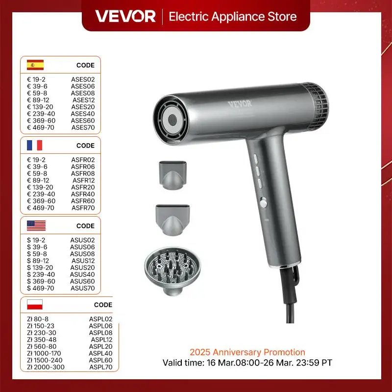 VEVOR Professional Hair Dryer 3 Million Negative Ions Blow Dryer 98000RPM High-Speed Brushless Motor Hair Dryers for Home Travel