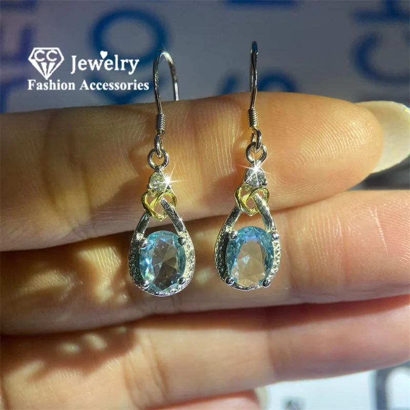 CC Light Blue Stud Drop Earrings for Women Cubic Zircon Stone Fashion Jewelry Dangle Wedding Engagement Accessories CCE101