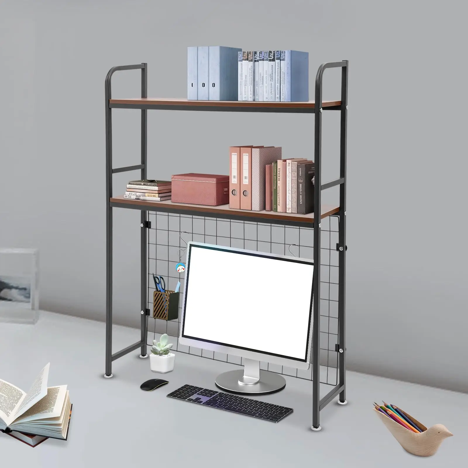 Estante de mesa, 29.53 "prateleira organizadora de mesa preta gaiola para mesa de computador prateleira de mesa de 2 camadas multifuncional freestand
