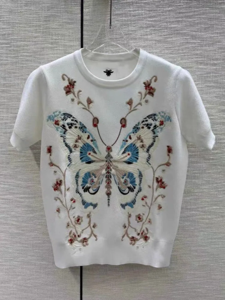 Floral Butterfly Embroidered Sweater Women's Knit T-Shirts 2024 Spring Summer New Vintage O-Neck Short Sleeve Knitwear Tops Tees