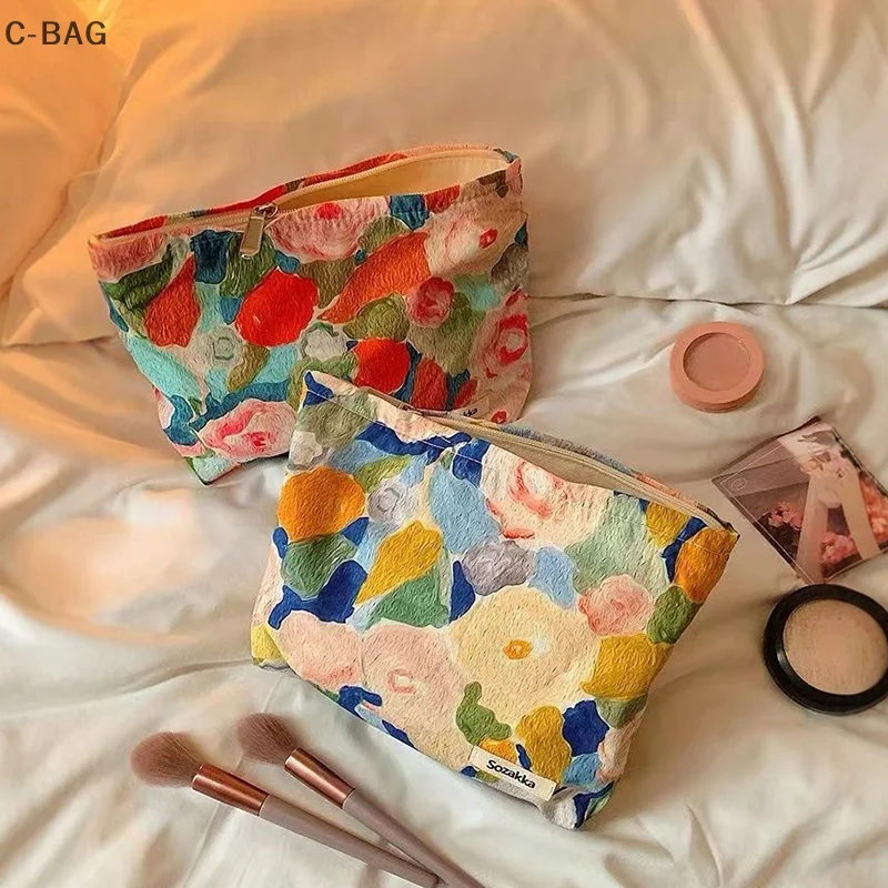 Cute Oil Painting Flower Cosmetic Bag Portable Simple Soft Zip Storage Bag Commuter Coin Key Bag Travel Wash Bag