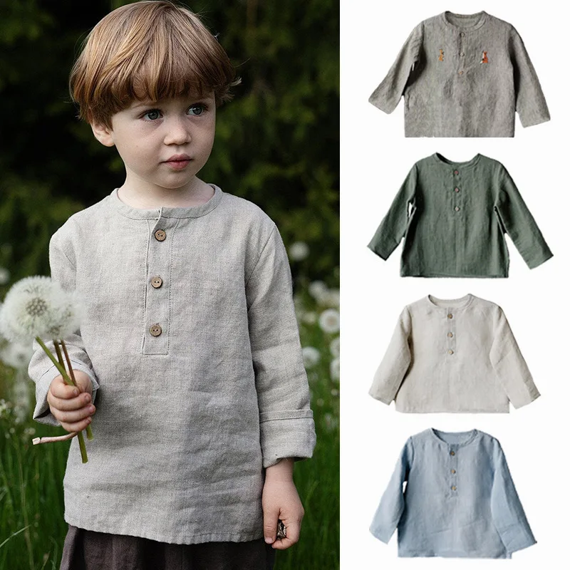 

Jenny&Dave 2023 Autumn New Children's Loose Cotton Linen Top Boys' Solid Color Shirt Cotton Linen Long Sleeve Top Pants Set Chil