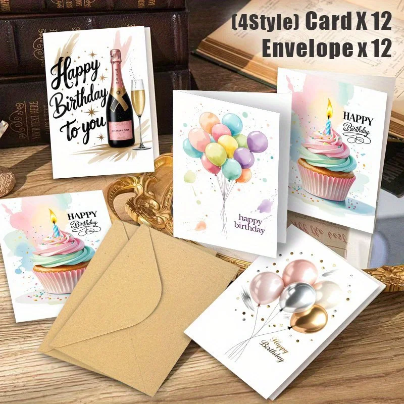 24-teiliges Geburtstagskarten-Set mit Umschlag, inklusive Aquarellballons und Kuchen-Happy-Geburtstagskarten, geeignet für jeden Anlass