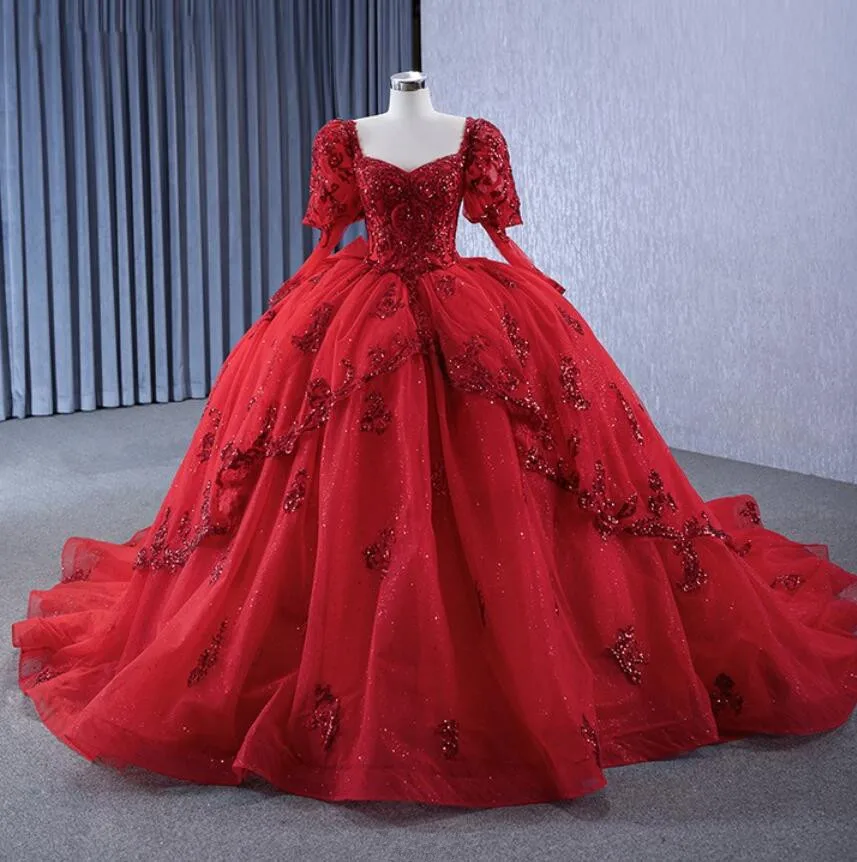 Wine Red Luxury Princess Quinceanera Dresses with Long Sleeve Sparkly Applique Sequins Lace-up Corset vestido de 15 quinceañeras