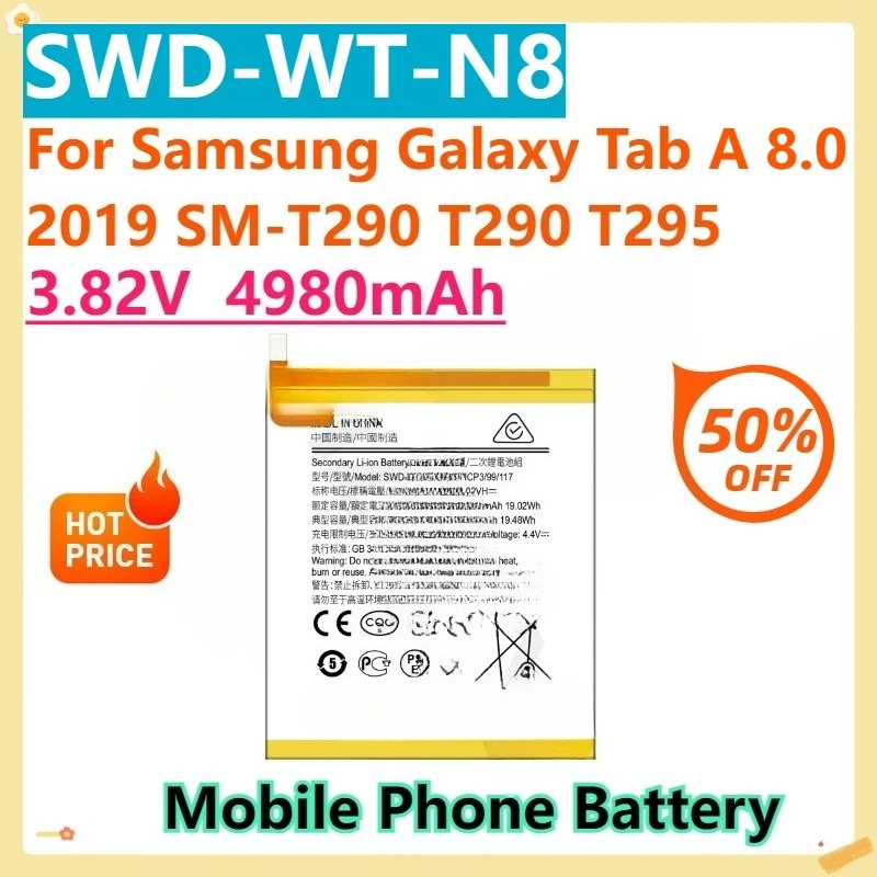 

For Samsung Galaxy Tab A 8.0 2019 SM-T290 T290 T295 3.82V 4980mAh SWD-WT-N8 High Quality Replacement Battery