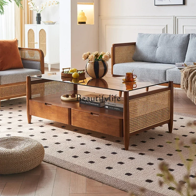 01Solid Wood Living Room Rectangular Rattan Glass Coffee Table Simple Side Table Modern Small Apartment Home