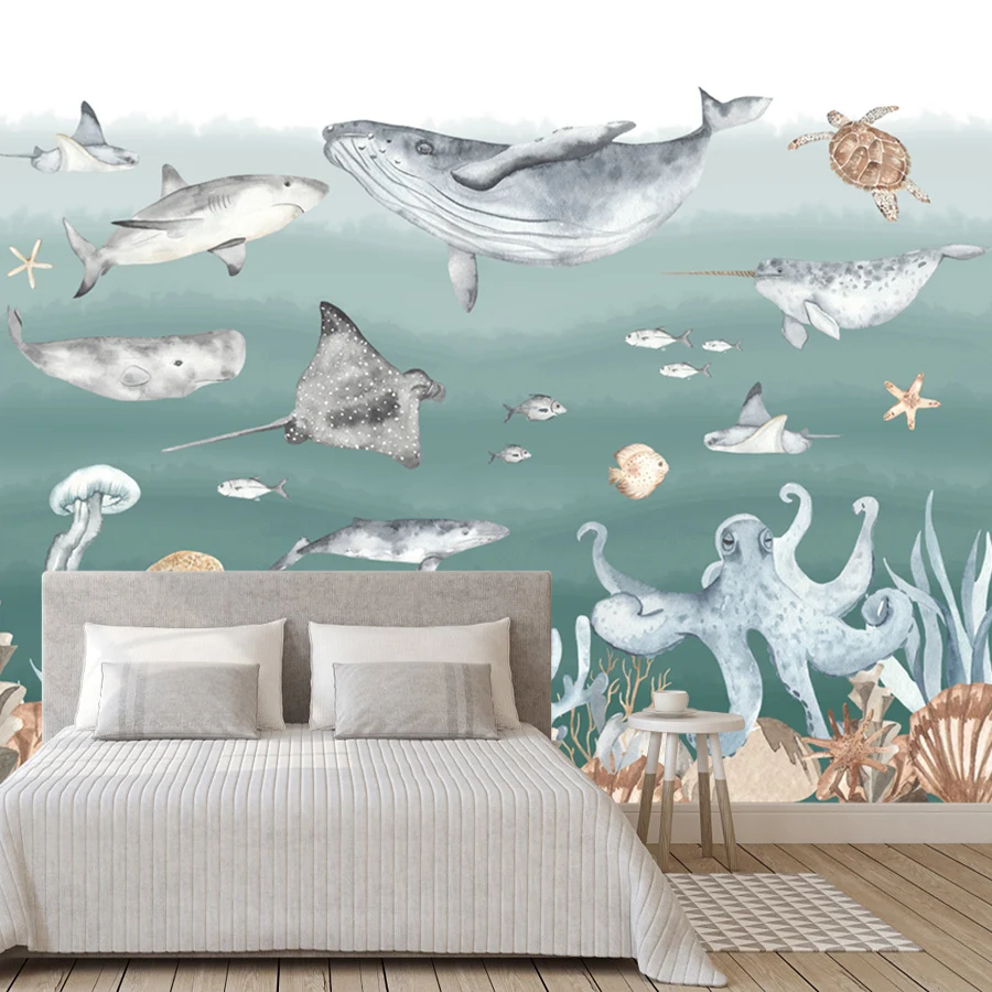 

Custom Peel and Stick Accepted Cartoon Kids Wallpaper for Living Room Sea World Animals Wall Covering Papers Home Decor Murals