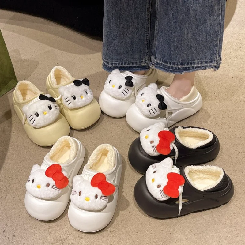 Sanurgente Hello Kitty-Pantoufles en coton imperméables pour la maison, chaussures à plateforme, sac chaud en peluche, dessin animé décontracté, tête, automne et hiver, 600