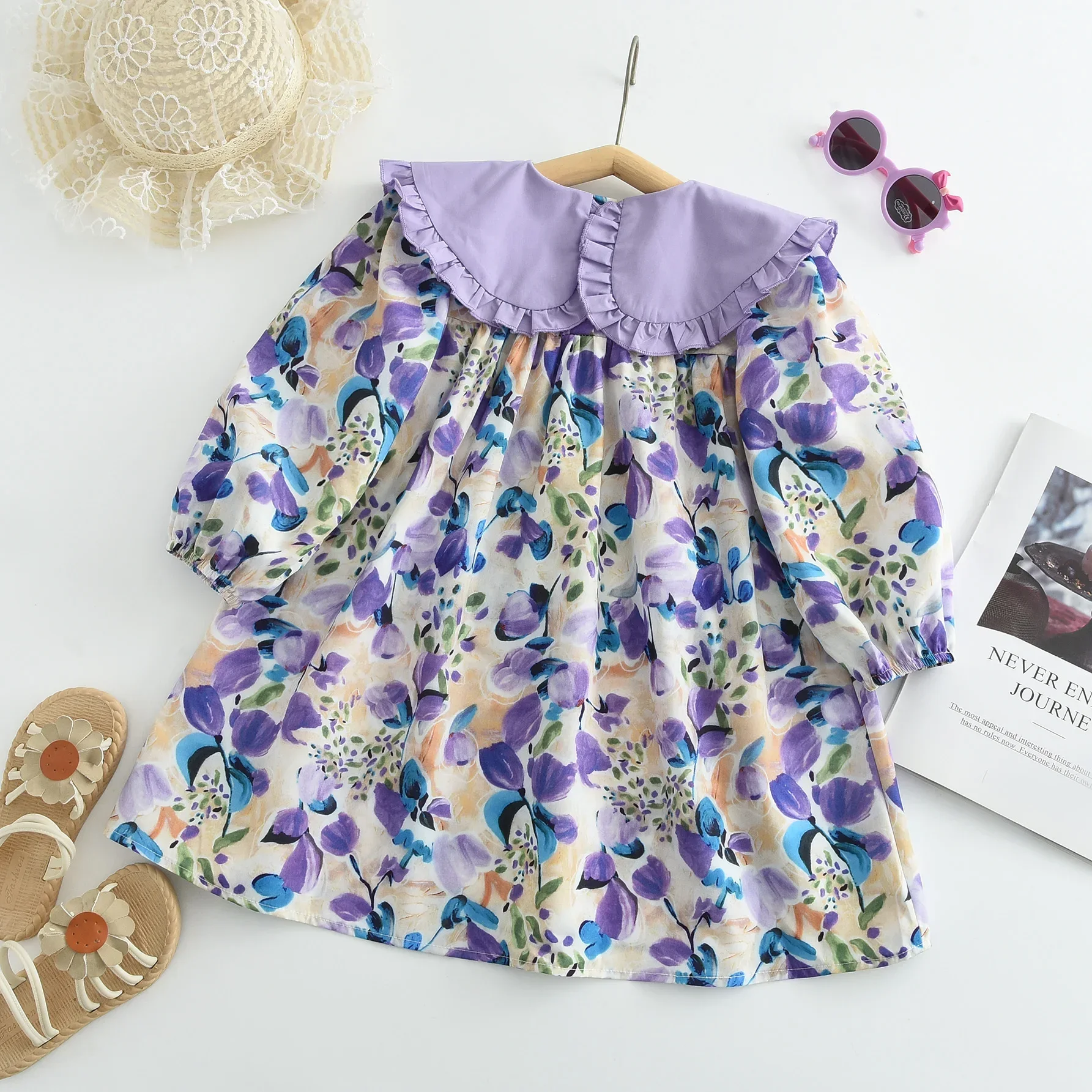 Vestidos casuales para niñas Vestido de fiesta de flores de manga larga con solapa de encaje y estampado de flores moradas para niñas de 2 a 7 años