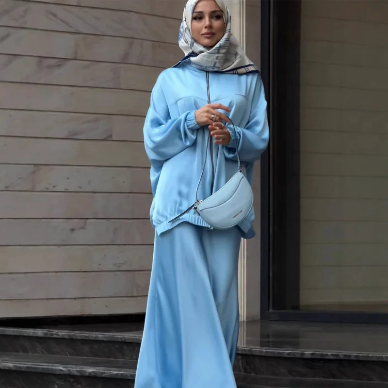 2025New Satin Sleeve Fashion Waist-Cinching Draped Long Dress Set Women