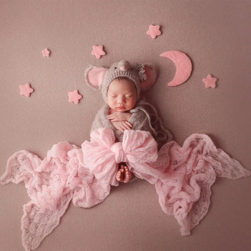 

Newborn Photography Props Cute Elephant Knitted Hat with Wrap Wool Strars Moon Wrap Bunny Doll Set for Studio Photoshoot Decor